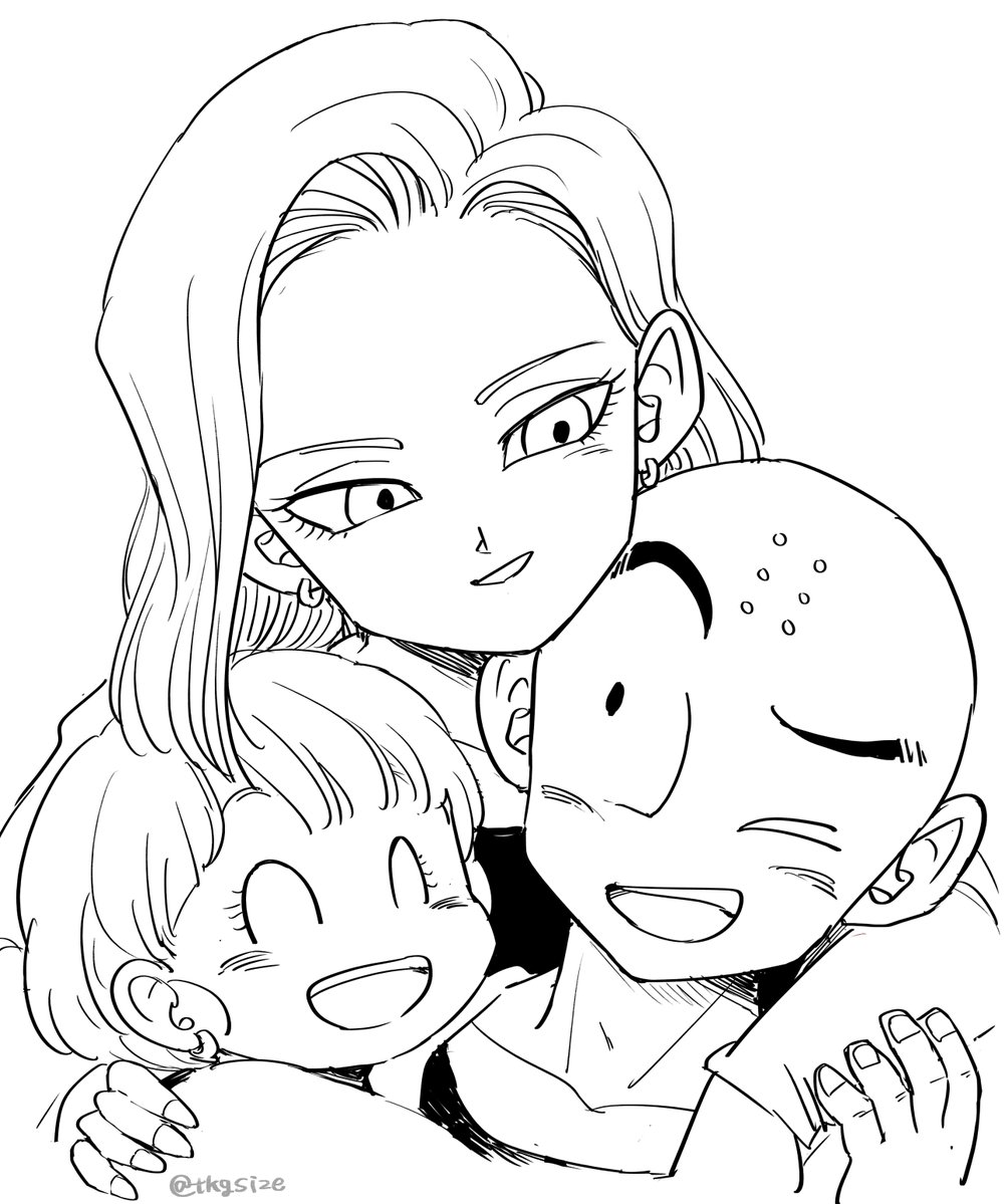 1boy 2girls ;d ^_^ android_18 bald black_eyes close-up commentary couple dragon_ball dragonball_z earrings english_commentary eyelashes eyes_closed face family father_and_daughter fingernails happy hetero hug hug_from_behind image_sample jewelry kuririn looking_at_another marron monochrome mother_and_daughter multiple_girls one_eye_closed open_mouth short_hair simple_background smile tkgsize twitter_sample twitter_username upper_body white_background