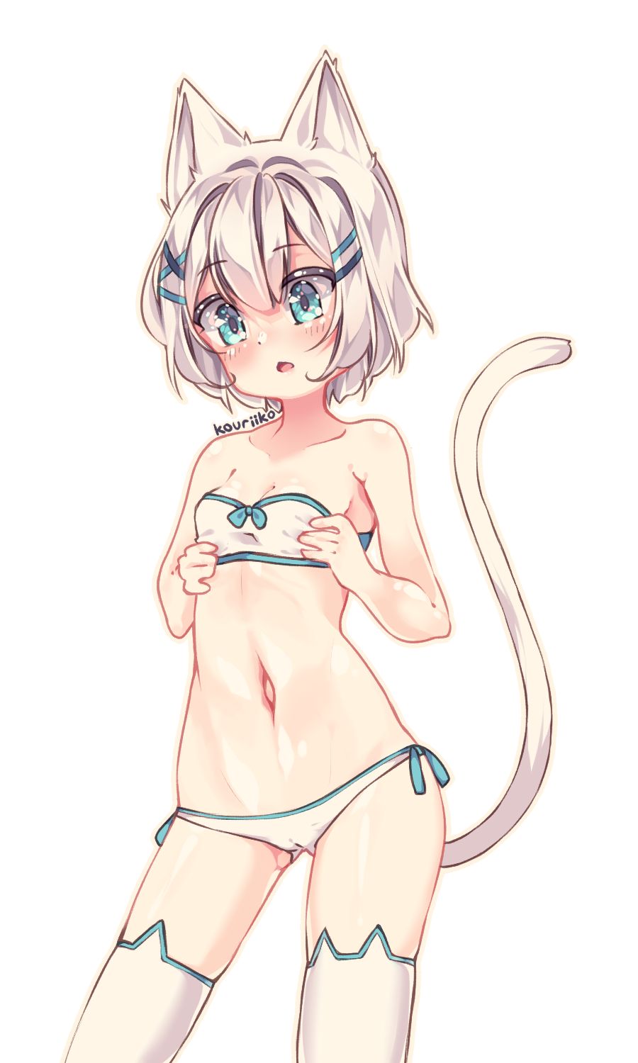animal_ears bare_legs bare_shoulders blue_eyes blush breasts collarbone highres kouriiko lingerie open_mouth original self_upload short_hair small_breasts tail transparent_background underwear white_hair