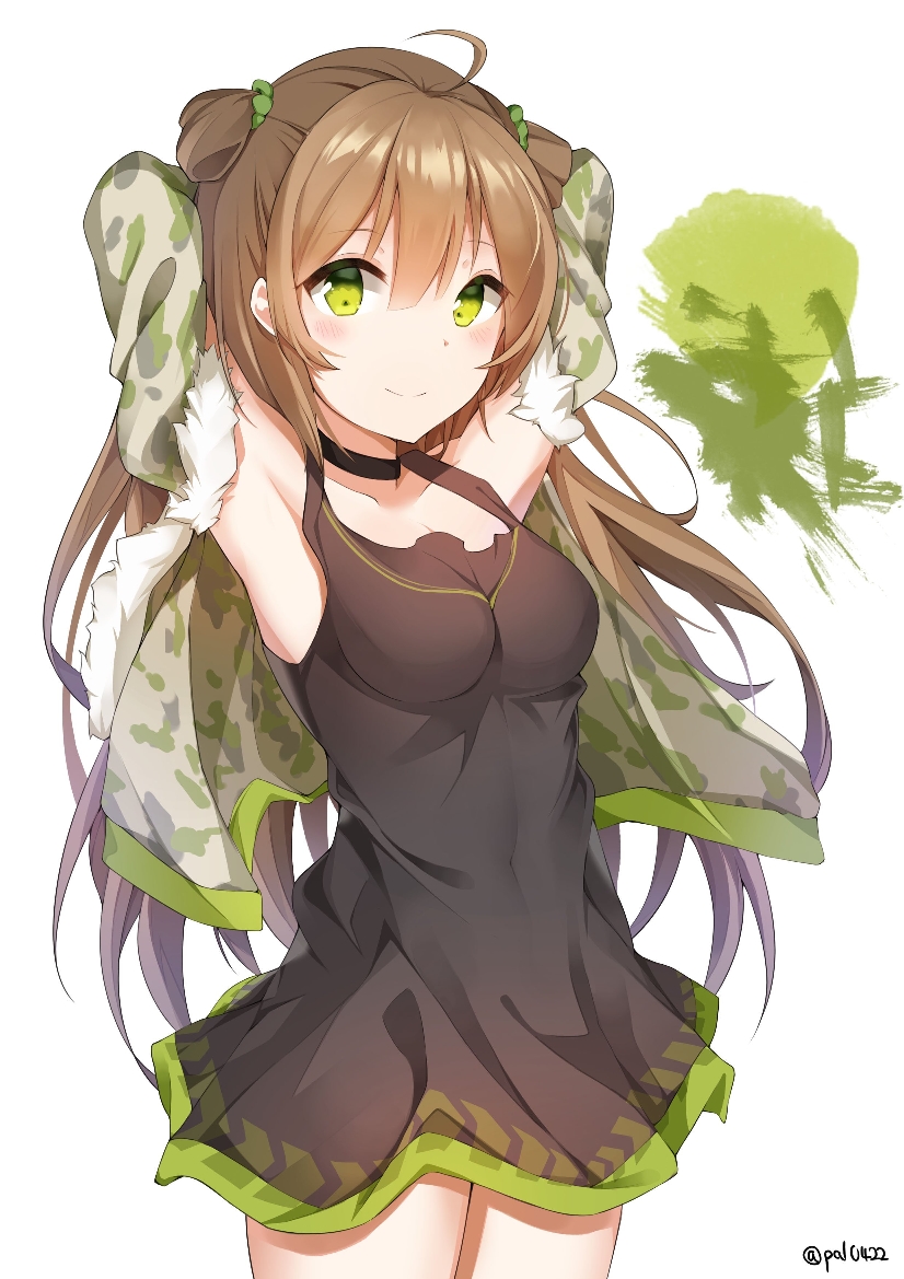 ahoge armpits arms_behind_head bangs bare_shoulders between_breasts black_dress blush bow breasts brown_hair camouflage_jacket choker cleavage closed_mouth collarbone commentary_request covered_navel dog_tags double_bun dress eyebrows_visible_through_hair fur-trimmed_jacket fur_trim girls_frontline green_eyes hair_bow jacket long_hair looking_at_viewer medium_breasts open_clothes open_jacket paaru rfb_(girls_frontline) short_dress sidelocks smile solo thighs twitter_username