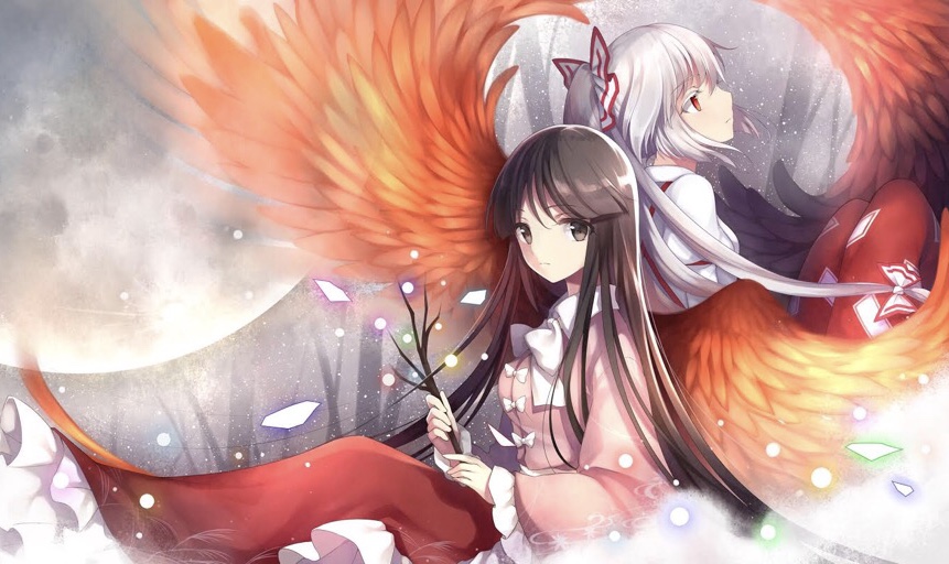 back-to-back bangs black_eyes black_hair branch closed_mouth colored_eyelashes commentary_request expressionless eyebrows_visible_through_hair feathered_wings fujiwara_no_mokou hair_ribbon holding houraisan_kaguya jeweled_branch_of_hourai long_hair long_skirt long_sleeves looking_at_viewer looking_away moon multiple_girls orange_wings pants ponytail profile red_eyes red_pants red_skirt ribbon risui_(suzu_rks) silver_hair sitting skirt touhou tree tress_ribbon very_long_hair wings