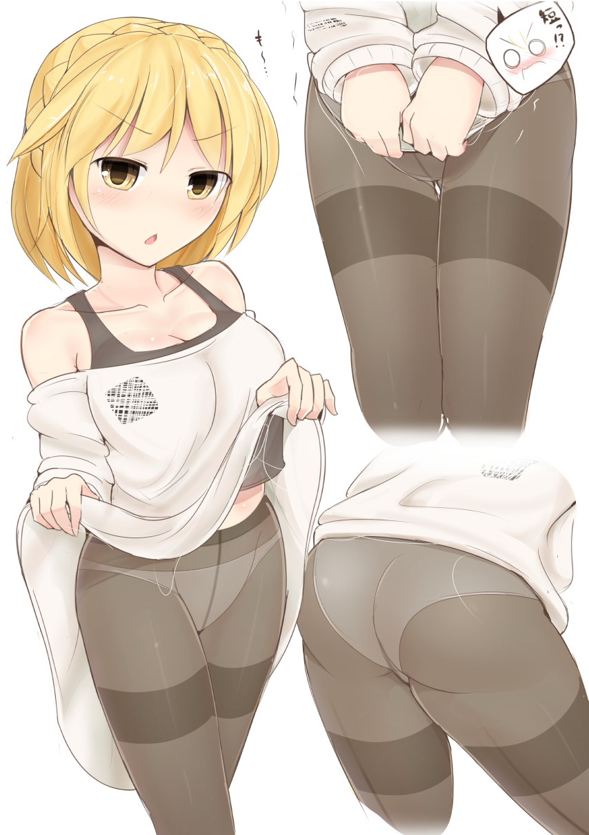 ass black_legwear blonde_hair blush braid breasts camisole clothes_lift collarbone covering covering_crotch crotch_seam crown_braid dress furrowed_eyebrows head_tilt highres jakko knit_(pop'n_music) large_breasts long_sleeves looking_at_viewer motion_lines multiple_views no_nose no_pants nose_blush o_o panties panties_under_pantyhose pantyhose parted_lips pop'n_music sweater sweater_dress sweater_lift thighband_pantyhose trembling underwear white_background yellow_eyes