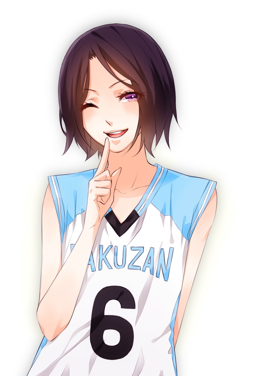 androgynous basketball_uniform blue_eyes commentary_request highres jersey kuroko_no_basuke looking_at_viewer male_focus mibuchi_reo one_eye_closed open_mouth purple_eyes purple_hair smile solo sportswear tinkasuzamurai