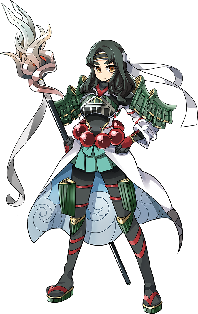 armor artist_request beads black_legwear full_body green_hair hachimaki hand_on_hip headband holding holding_spear holding_weapon long_hair nanao_(oshiro_project) official_art oshiro_project oshiro_project_re pantyhose polearm prayer_beads solo spear thick_eyebrows transparent_background weapon yellow_eyes