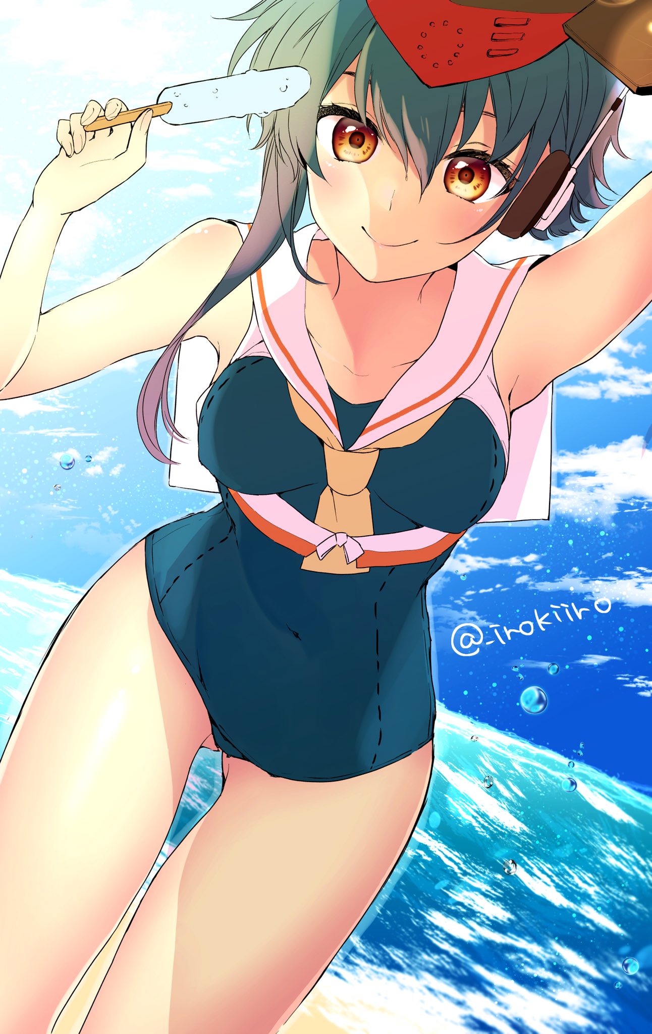 ass_visible_through_thighs asymmetrical_hair black_hair black_swimsuit blue_sky brown_eyes cloud cowboy_shot crop_top dutch_angle food framed_breasts gloves hair_between_eyes headphones highres horizon i-14_(kantai_collection) irokiiro kantai_collection looking_at_viewer neckerchief ocean one-piece_swimsuit partly_fingerless_gloves popsicle sailor_collar school_swimsuit short_hair sky solo swimsuit twitter_username