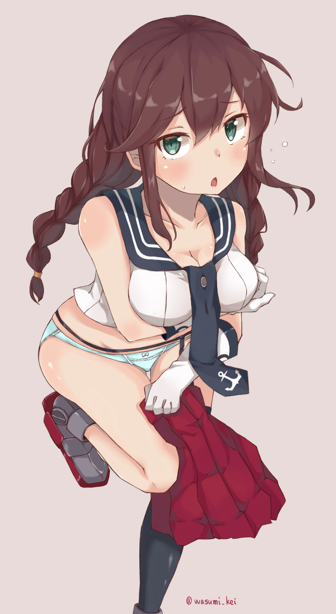 :o arm_under_breasts asymmetrical_legwear bangs blue_panties blush boots braid breast_hold breasts brown_hair cleavage collarbone commentary_request embarrassed eyebrows_visible_through_hair frown garter_straps gloves green_eyes hand_on_own_breast highres holding_skirt kantai_collection large_breasts leg_up long_hair noshiro_(kantai_collection) open_mouth panties pink_background pleated_skirt rudder_shoes school_uniform serafuku simple_background single_thighhigh skirt skirt_removed solo sweatdrop swept_bangs thighhighs twin_braids twitter_username underwear wasumi_kei white_gloves