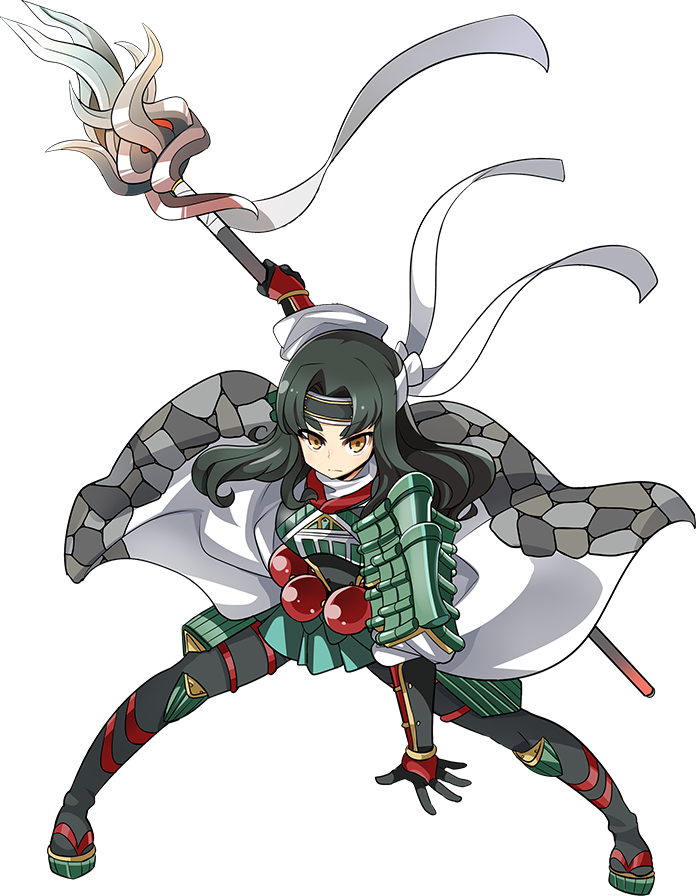 armor artist_request beads black_legwear full_body green_hair hachimaki hand_on_hip headband holding holding_spear holding_weapon long_hair nanao_(oshiro_project) official_art oshiro_project oshiro_project_re pantyhose polearm prayer_beads solo spear thick_eyebrows transparent_background weapon yellow_eyes