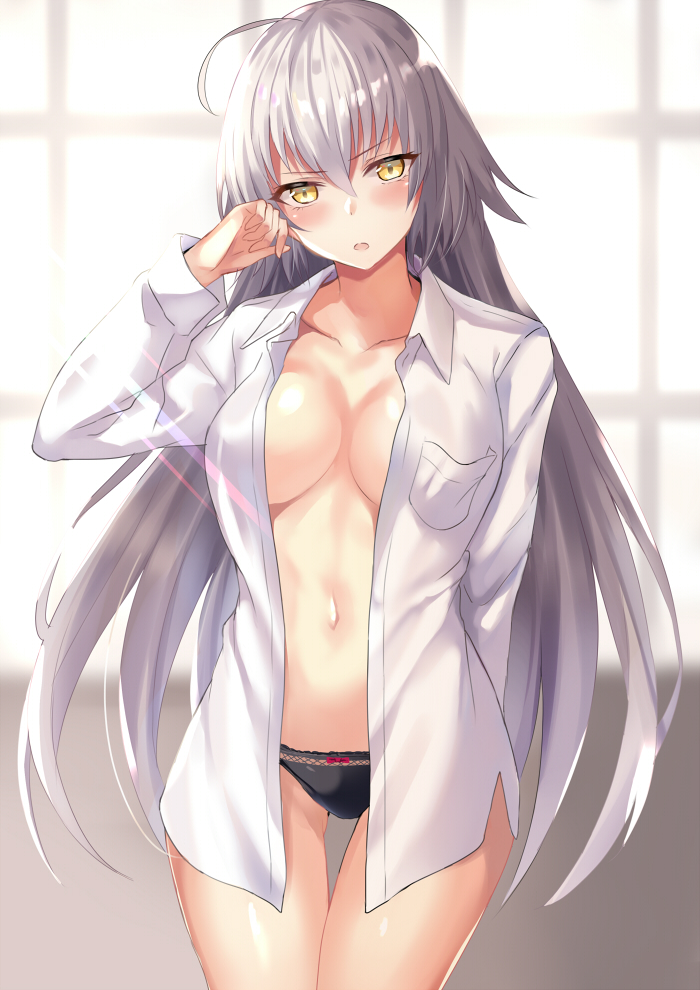 ahoge arm_behind_back ass_visible_through_thighs bangs black_panties blurry blurry_background blush bow bow_panties breast_pocket breasts collarbone collared_shirt commentary_request cowboy_shot day depth_of_field fate/grand_order fate_(series) hair_between_eyes harimoji indoors jeanne_d'arc_(alter)_(fate) jeanne_d'arc_(fate)_(all) lace lace-trimmed_panties large_breasts light_rays long_hair long_sleeves looking_at_viewer navel no_bra no_pants open_clothes open_mouth open_shirt panties pocket shiny shiny_hair shiny_skin shirt silver_hair solo standing thigh_gap underwear white_shirt window wing_collar yellow_eyes