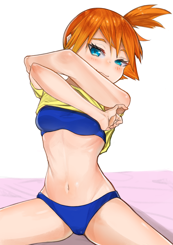 :3 arms_up bare_arms bed_sheet bikini blue_bikini blue_eyes blush breasts cameltoe closed_mouth commentary_request crossed_arms gatchan half-closed_eyes kasumi_(pokemon) lifted_by_self looking_at_viewer medium_breasts navel orange_hair pinky_out pokemon pokemon_(anime) pokemon_sm_(anime) ribs seductive_smile shiny shiny_hair shiny_skin shirt shirt_lift short_hair short_sleeves side_ponytail simple_background sitting smile solo spiked_hair spread_legs stomach swimsuit swimsuit_under_clothes tied_hair tsurime undressing white_background yellow_shirt