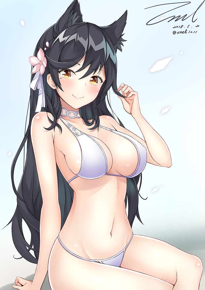 alternate_costume animal_ears arm_support atago_(azur_lane) azur_lane bangs bikini black_hair blush breasts brown_eyes cleavage closed_mouth crossed_legs dated extra_ears eyebrows_visible_through_hair gloves groin hair_ornament hair_ribbon large_breasts long_hair looking_at_viewer mole mole_under_eye navel playing_with_own_hair ponytail ribbon shiny shiny_skin signature sitting smile solo stomach swept_bangs swimsuit tareme twitter_username unel very_long_hair white_bikini