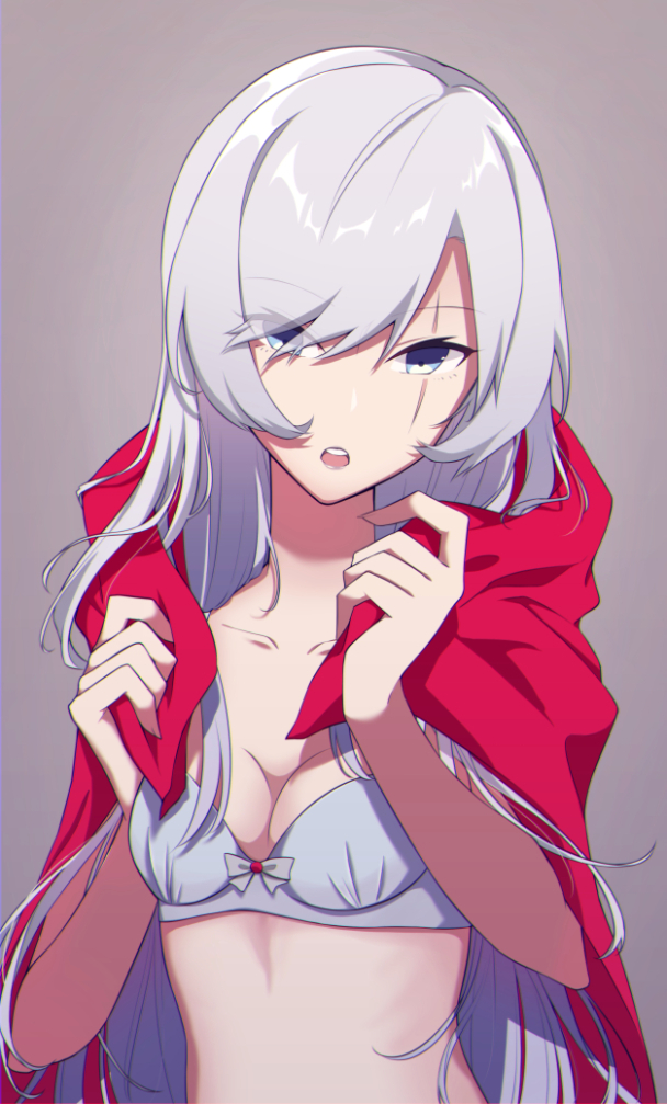 bangs bra breasts cape cleavage collarbone eyebrows_visible_through_hair grey_background grey_bra hair_between_eyes long_hair looking_at_viewer maguro_(guromaguro) open_mouth red_cape rwby scar scar_across_eye silver_hair simple_background small_breasts solo swept_bangs underwear upper_body very_long_hair weiss_schnee