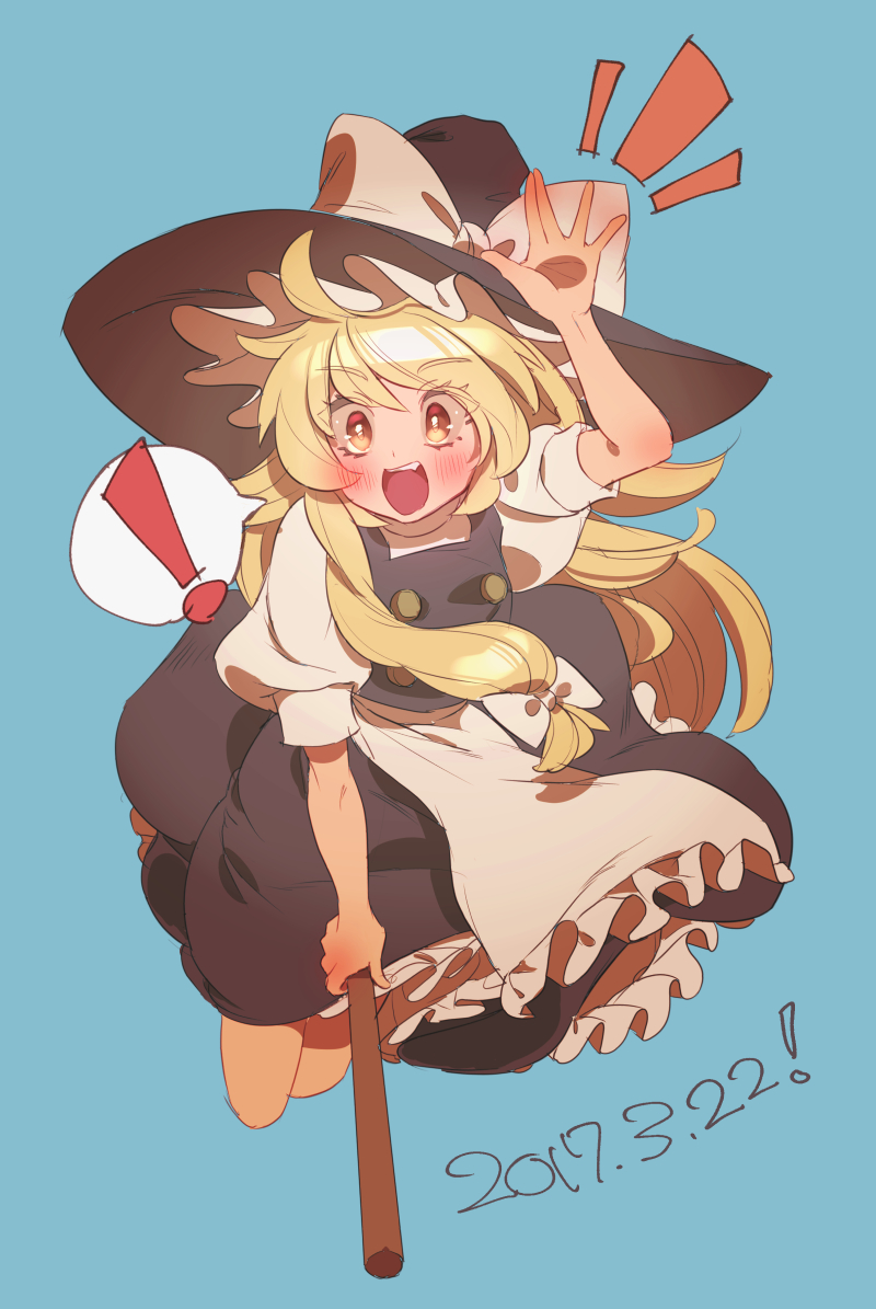 1girl arm_up bangs black_hat black_skirt blonde_hair blue_background blush bow broom broom_riding dated eyebrows_visible_through_hair hat hat_bow kirisame_marisa long_hair looking_at_viewer masanaga_(tsukasa) notice_lines open_mouth puffy_short_sleeves puffy_sleeves short_sleeves sidelocks simple_background skirt skirt_set solo spoken_exclamation_mark touhou white_bow witch_hat yellow_eyes