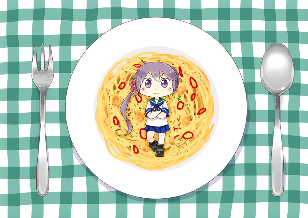 akebono_(kantai_collection) bell black_legwear blue_skirt check_commentary chibi commentary_request flower food fork full_body hair_bell hair_flower hair_ornament hinata_yuu in_food jingle_bell kantai_collection kneehighs long_hair looking_at_viewer pasta pleated_skirt purple_eyes purple_hair school_uniform serafuku short_sleeves side_ponytail skirt solo spaghetti spoon very_long_hair