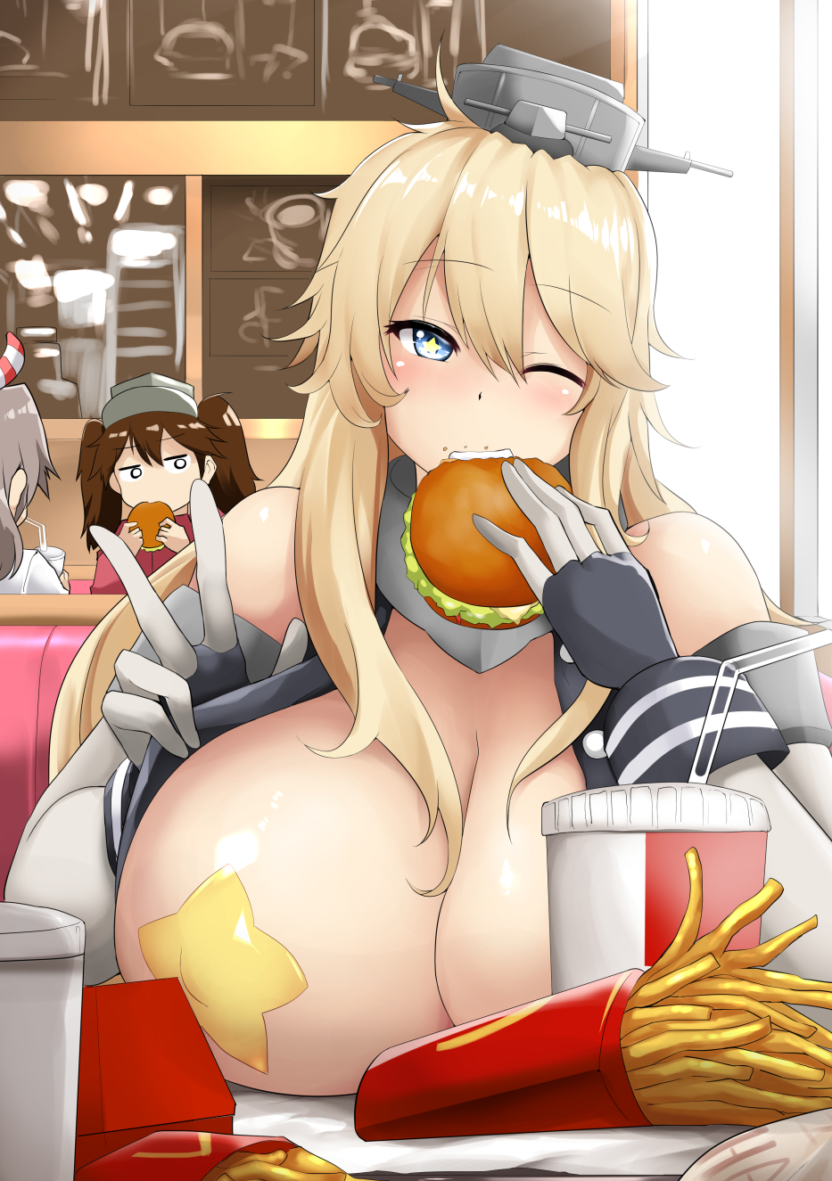bare_shoulders blonde_hair blue_eyes blush breasts brown_hair collar covered_nipples cup disposable_cup eating elbow_gloves exhibitionism eyebrows_visible_through_hair fast_food food food_on_face french_fries gloves grey_hair hair_tie hamburger headgear highres huge_breasts indoors iowa_(kantai_collection) kantai_collection long_hair looking_at_viewer mcdonald's mizuyan multiple_girls o_o one_eye_closed oppai_challenge pasties ponytail remodel_(kantai_collection) ryuujou_(kantai_collection) seat solo_focus star star-shaped_pupils star_pasties symbol-shaped_pupils teeth twintails v visor_cap white_gloves zuihou_(kantai_collection)