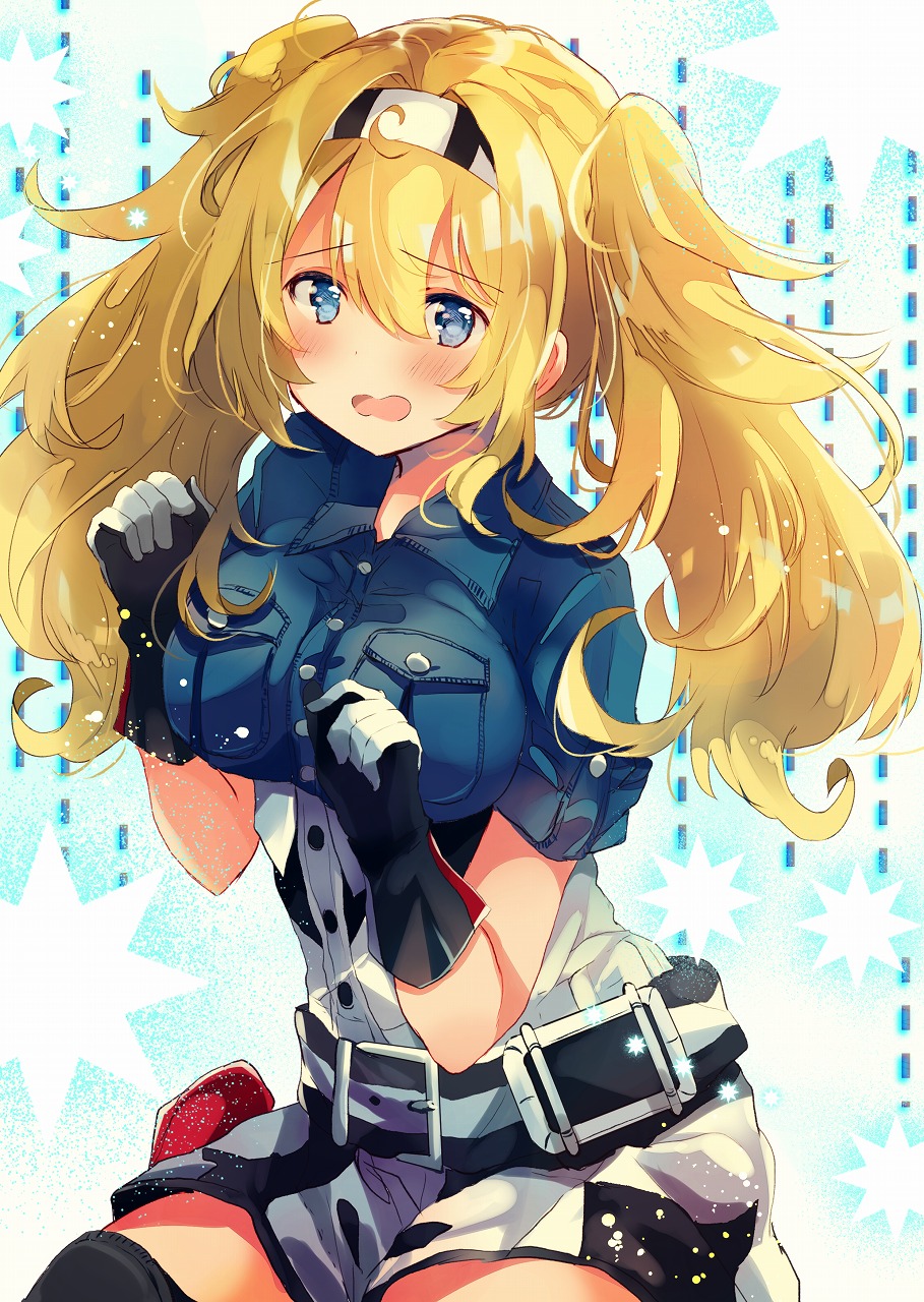 belt blonde_hair blue_eyes blue_shirt blush breast_pocket breasts buttons collared_shirt eyebrows_visible_through_hair gambier_bay_(kantai_collection) gloves hairband highres kantai_collection large_breasts multicolored multicolored_clothes multicolored_gloves nanahamu open_mouth pocket shirt shorts sitting solo tearing_up twintails wariza