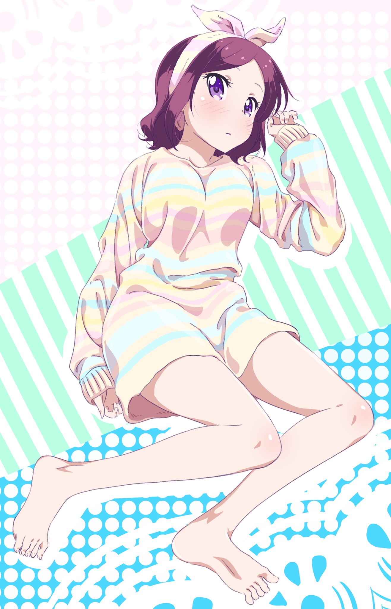 barefoot blush brown_hair full_body highres looking_at_viewer lying multicolored_sweater new_game! on_back parted_lips pink_x purple_eyes shiny shiny_skin short_hair solo striped striped_sweater sweater tooyama_rin towel