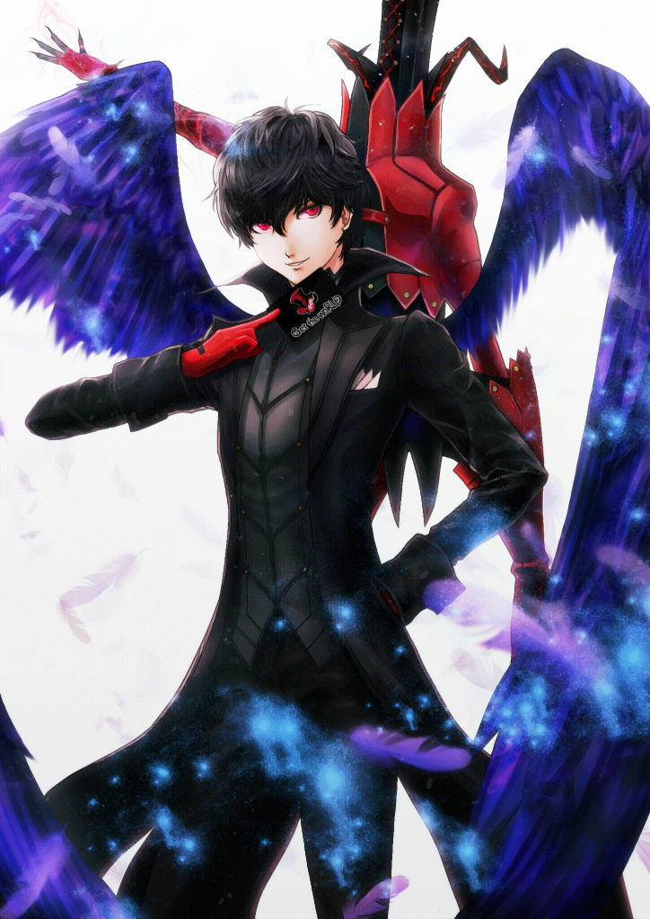 amamiya_ren arsene_(persona_5) bangs black_hair black_pants card gloves grey_shirt hair_between_eyes hand_in_pocket holding holding_card long_hair male_focus pants parted_lips persona persona_5 purple_feathers red_eyes red_gloves shirt smile standing takumi_(pixiv79547) white_background