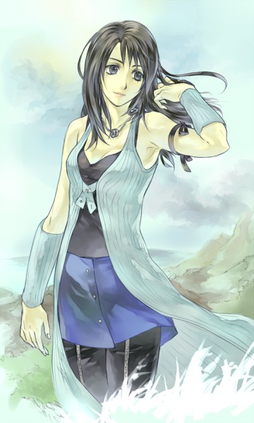 arm_warmers bike_shorts black_hair breasts cleavage denim denim_skirt dress final_fantasy final_fantasy_viii long_hair medium_breasts rinoa_heartilly skirt solo