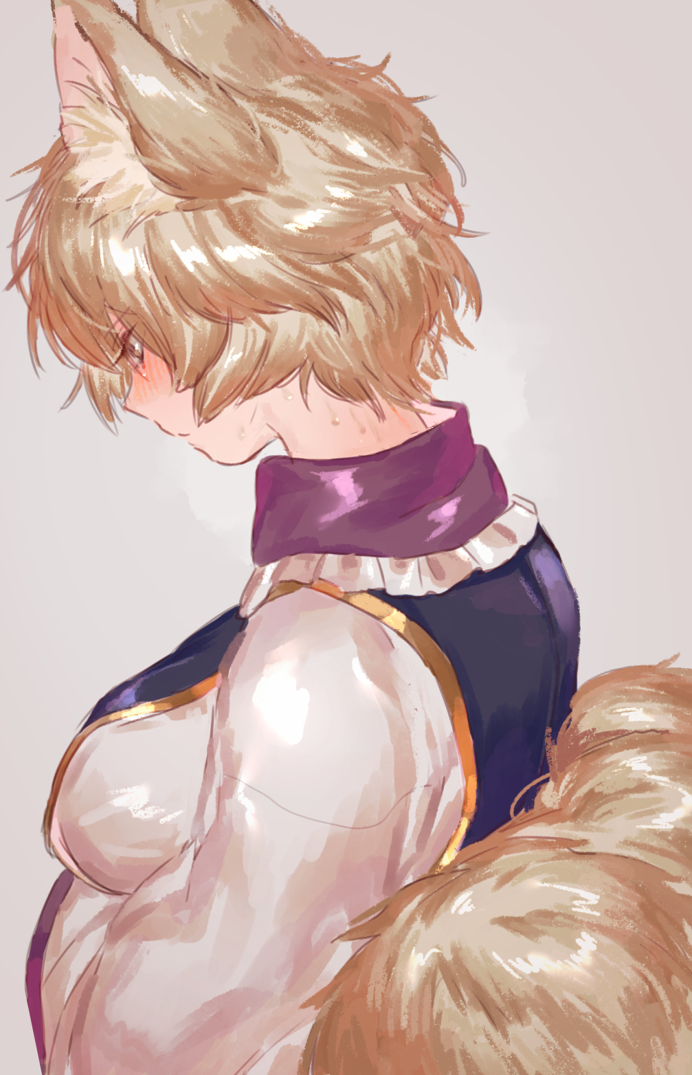 animal_ear_fluff animal_ears blush breasts brown_eyes brown_hair facing_away fox_ears fox_tail from_side grey_background highres large_breasts masanaga_(tsukasa) multiple_tails no_hat no_headwear profile short_hair simple_background solo sweat tail touhou upper_body yakumo_ran
