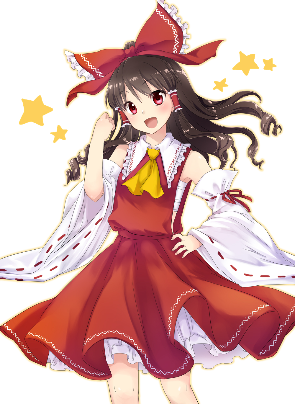 :d bow brown_hair detached_sleeves eyebrows_visible_through_hair floating_hair hair_between_eyes hair_bow hair_tubes hakurei_reimu hand_on_hip head_tilt highres long_hair monrooru open_mouth red_bow red_eyes red_shirt red_skirt ribbon-trimmed_sleeves ribbon_trim sarashi shirt simple_background skirt smile solo standing touhou wavy_hair white_background