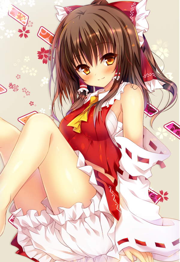 blush bow breasts brown_hair detached_sleeves floating_hair floral_print grey_background hair_bow hakurei_reimu huei_nazuki long_hair looking_at_viewer medium_breasts orange_eyes red_bow red_shirt ribbon-trimmed_sleeves ribbon_trim sarashi shirt shorts sideboob sleeveless sleeveless_shirt smile solo touhou white_shorts