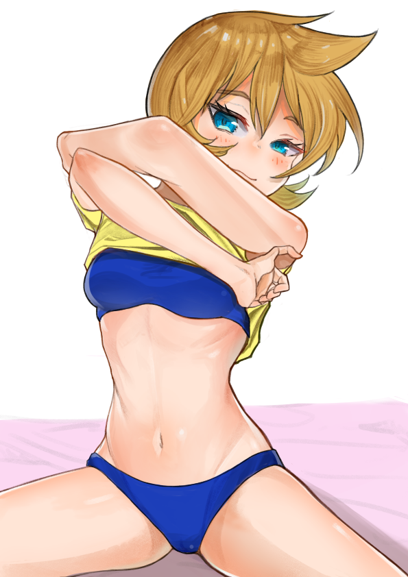 :3 arms_up bare_arms bed_sheet bikini blue_bikini blue_eyes blush breasts cameltoe closed_mouth commentary_request cosplay crossed_arms eyebrows_visible_through_hair gatchan gym_leader half-closed_eyes kasumi_(pokemon) lifted_by_self looking_at_viewer medium_breasts navel pinky_out pokemon pokemon_(anime) pokemon_(game) pokemon_hgss ribs seductive_smile shiny shiny_hair shiny_skin shirt shirt_lift short_hair short_sleeves simple_background sitting smile solo spread_legs stomach swimsuit swimsuit_under_clothes tsurime undressing white_background yellow_shirt