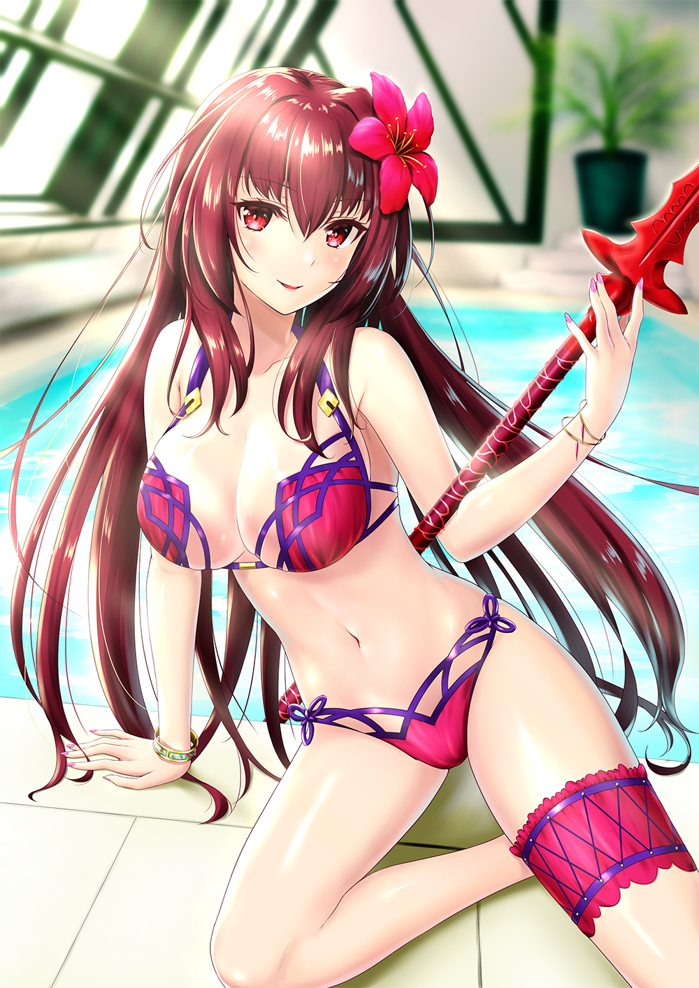 bad_id bad_pixiv_id bikini blush breasts fate/grand_order fate_(series) flower gae_bolg hair_flower hair_ornament hibiscus highres holding holding_weapon indoors large_breasts leg_garter long_hair looking_at_viewer momoyume_rin navel pink_bikini pool poolside purple_bikini purple_hair red_eyes rei_no_pool scathach_(fate)_(all) scathach_(swimsuit_assassin)_(fate) solo swimsuit thigh_strap weapon