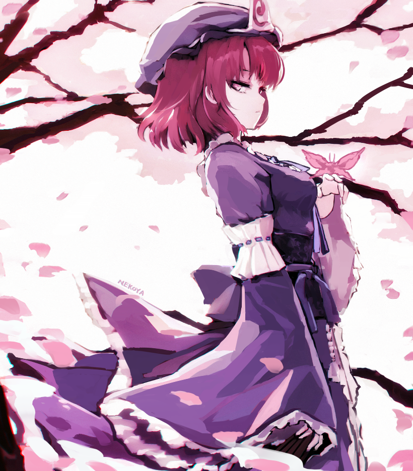 artist_name butterfly_on_hand cherry_blossoms dyolf hat japanese_clothes kimono looking_at_viewer looking_to_the_side outdoors purple_hat purple_kimono red_hair saigyouji_yuyuko short_hair solo standing touhou