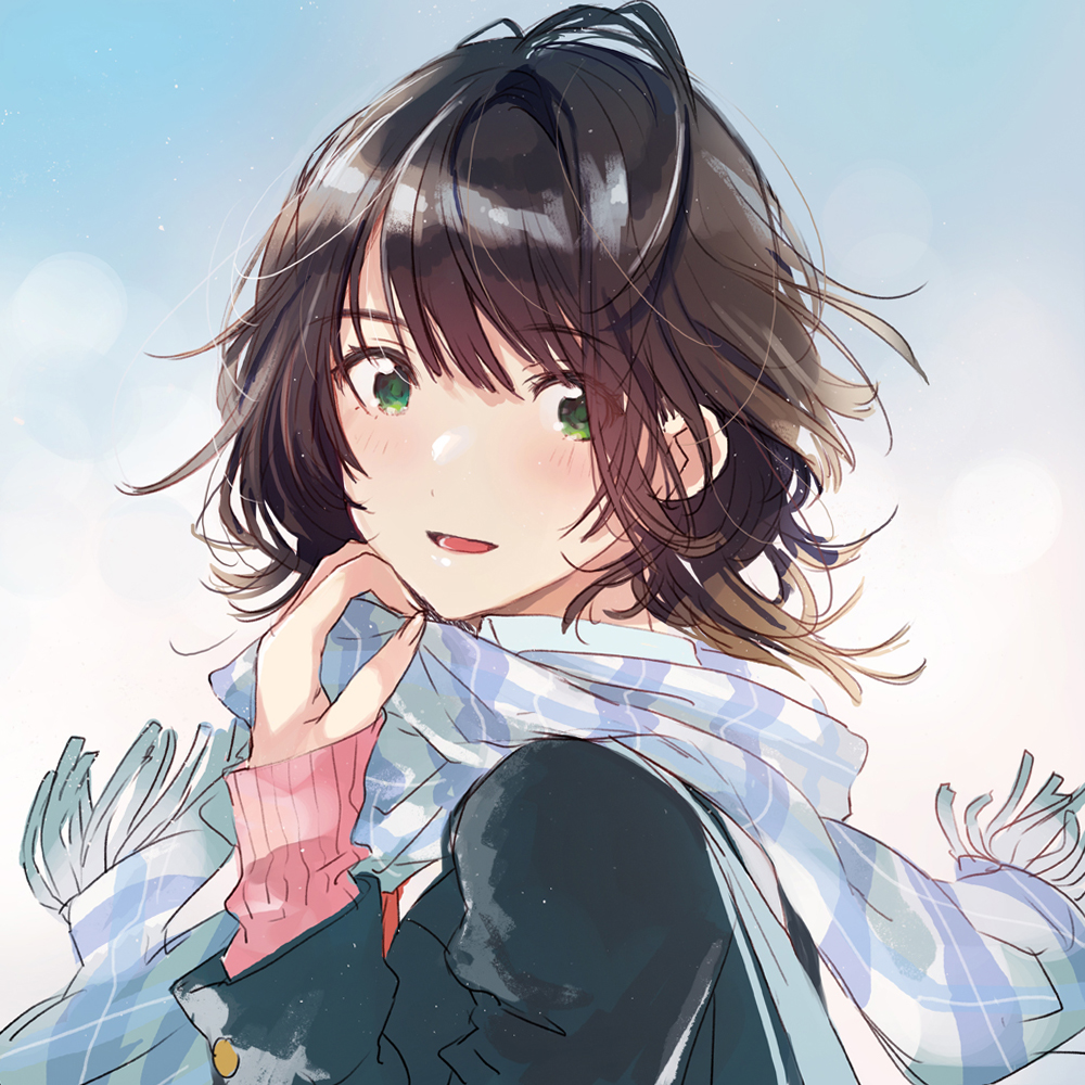:d adjusting_scarf antenna_hair blush brown_hair coat fly_(marguerite) from_side green_eyes looking_at_viewer looking_to_the_side open_mouth original pink_sweater plaid plaid_scarf scarf smile solo sweater