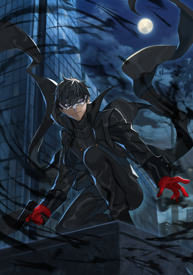 amamiya_ren black_cape black_clothes black_hair black_pants cape full_moon gloves gun hair_between_eyes holding holding_gun holding_weapon lloule male_focus mask moon night one_knee outdoors pants persona persona_5 purple_eyes red_gloves smile solo weapon