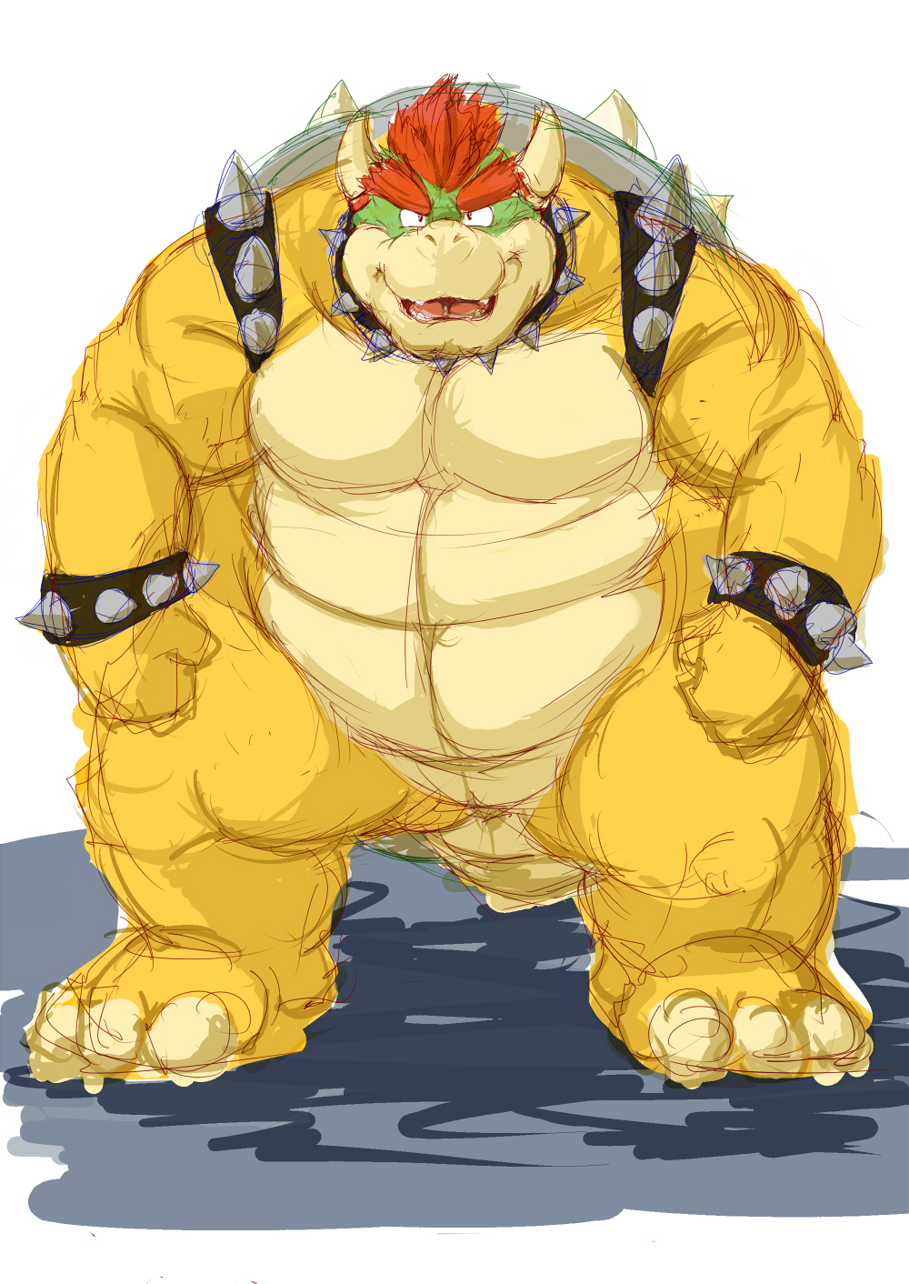 2011 barazoku bowser facing_viewer kemono koopa kotobuki looking_at_viewer male mario_bros muscular nintendo obese overweight scalie simple_background solo standing video_games white_background