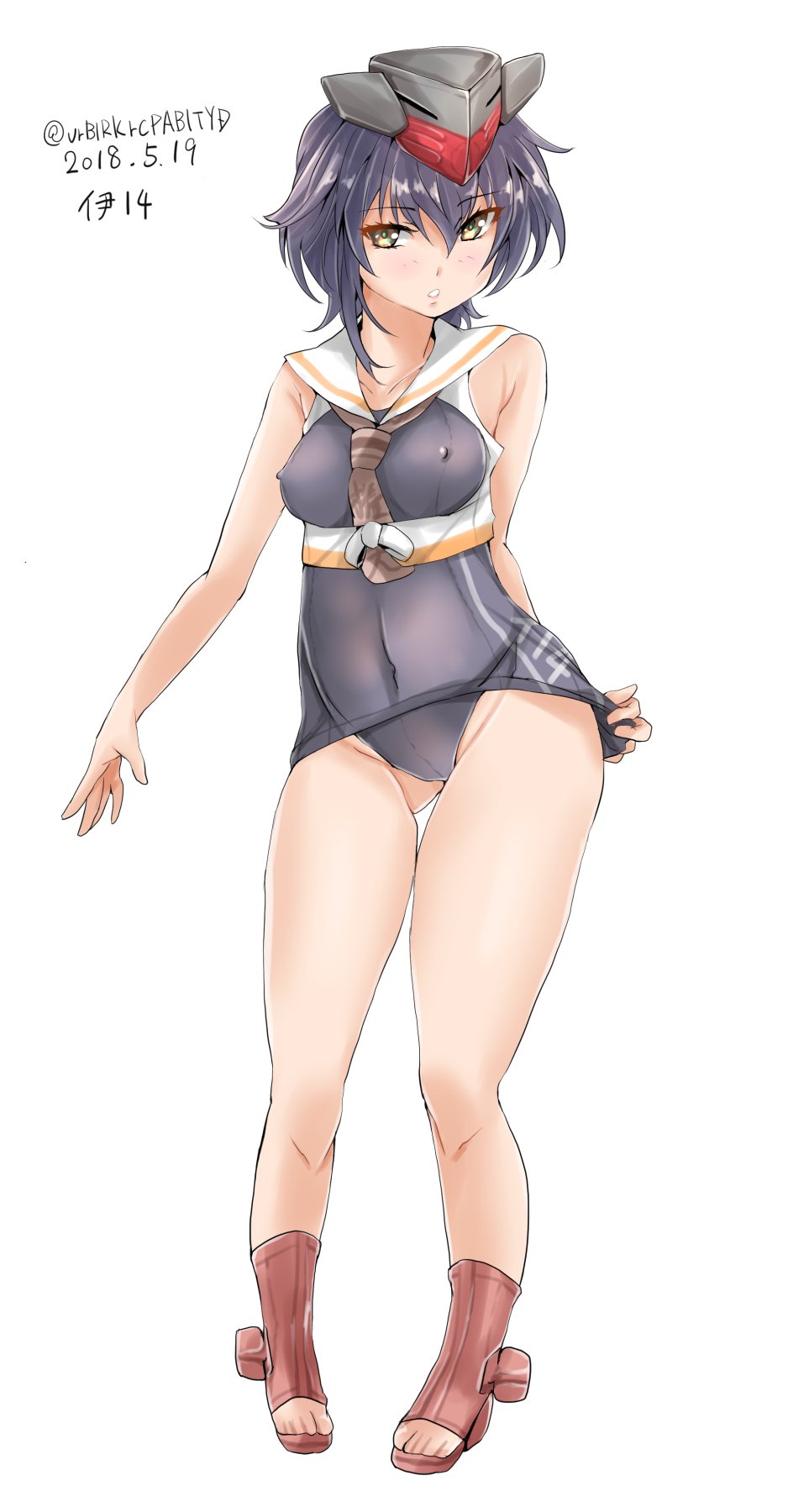asymmetrical_hair black_hair black_swimsuit brown_eyes character_name commentary_request covered_nipples crop_top dated framed_breasts full_body gloves hair_between_eyes headphones highres i-14_(kantai_collection) kantai_collection neckerchief one-piece_swimsuit open_toe_shoes partly_fingerless_gloves red_footwear sailor_collar school_swimsuit short_hair simple_background single_glove solo standing swimsuit tororo_ten twitter_username white_background