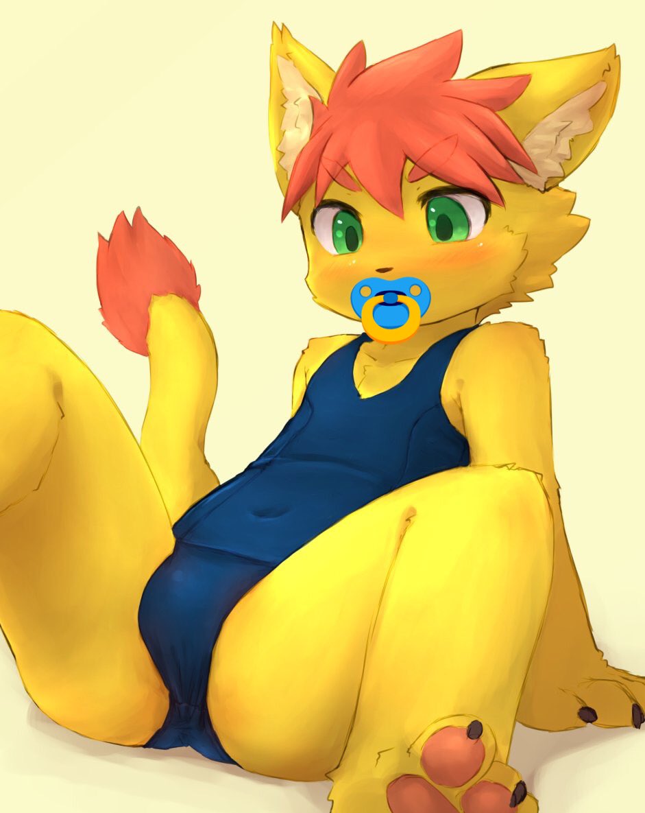 anthro blue_eyes blush bulge clothing cub feline fur hair hindpaw lion male mammal orange_hair pacifier paws saru_gundan school_swimsuit solo spread_legs spreading swimsuit yellow_fur young