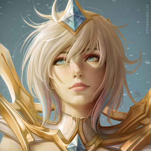 2018 artist_name bangs blonde_hair blue_eyes blue_hair closed_mouth commentary elementalist_lux english_commentary floating_hair gem gradient_hair hair_between_eyes league_of_legends light_elementalist_lux lips looking_away looking_up luxanna_crownguard multicolored_hair nose pink_hair portrait realistic sciamano240 short_hair signature solo tiara