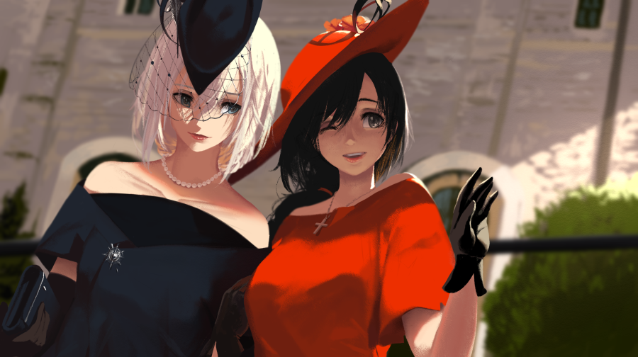 arm_up black_gloves black_hair black_hat blue_dress blue_eyes collarbone commentary_request cross cross_necklace day dishwasher1910 dress gloves hat holding_wallet jewelry long_hair multiple_girls necklace one_eye_closed open_mouth outdoors pearl_necklace red_dress red_hat ruby_rose rwby short_hair short_sleeves side_ponytail sunlight upper_body veil weiss_schnee white_hair