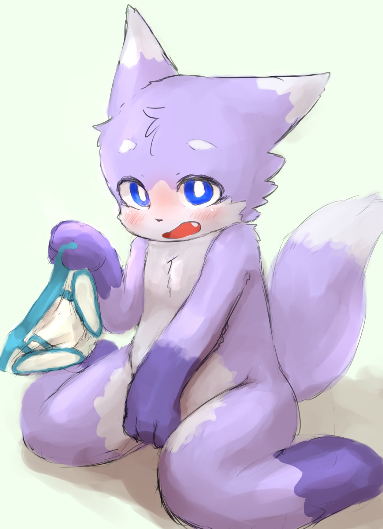 anthro blue_eyes blush canine clothing covering covering_self cub cute_fangs embarrassed fur male mammal multicolored_fur open_mouth purple_fur saru_gundan solo two_tone_fur underwear white_fur young