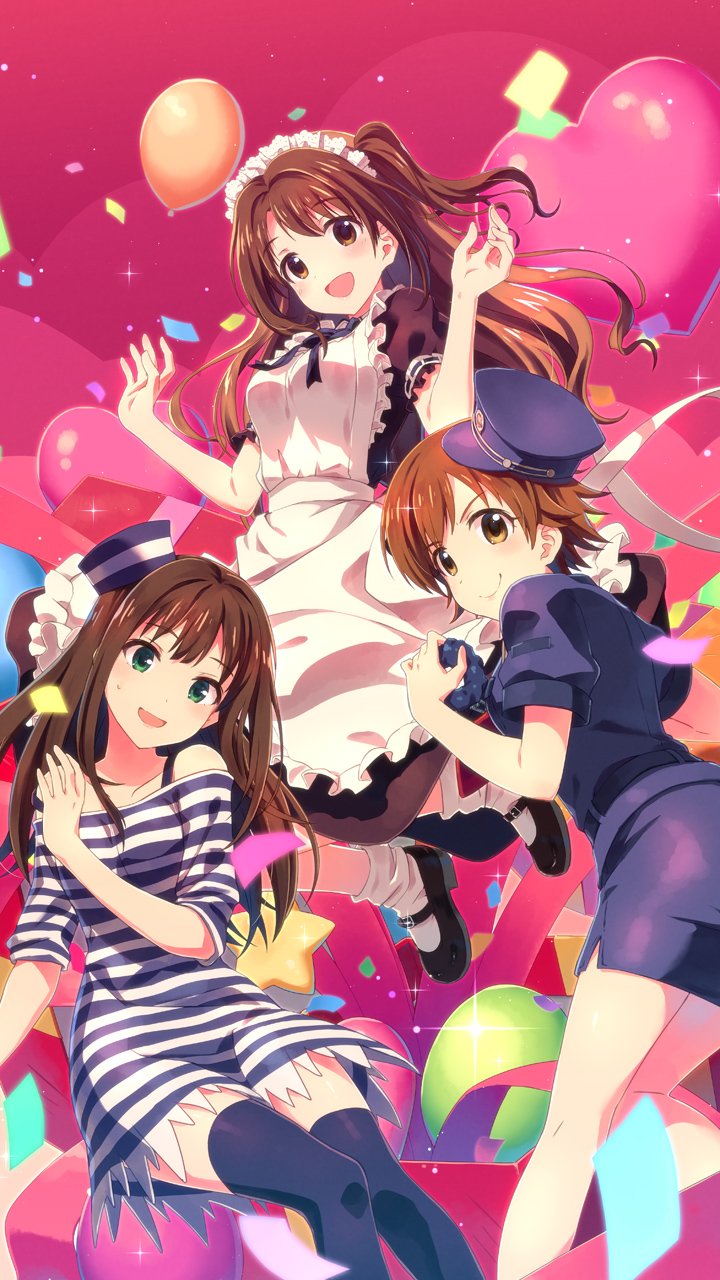 :d apron balloon bangs bare_shoulders belt black_dress black_footwear black_legwear blush box breasts brown_eyes brown_hair commentary_request confetti cuffs dress eyebrows_visible_through_hair feet_out_of_frame frilled_apron frilled_sleeves frills green_eyes hands_up hat heart_balloon highres honda_mio idolmaster idolmaster_cinderella_girls idolmaster_cinderella_girls_starlight_stage jumping long_hair looking_at_viewer loose_socks maid maid_apron maid_headdress mary_janes medium_breasts motion_blur multiple_girls neck_ribbon new_generations off-shoulder_dress off_shoulder one_side_up open_mouth peaked_cap pencil_skirt police police_uniform prison_clothes puffy_short_sleeves puffy_sleeves ribbon ribbon-trimmed_sleeves ribbon_trim shibuya_rin shimamura_uzuki shoes short_hair short_sleeves skirt smile socks sparkle striped striped_dress sweatdrop tareme thighhighs uniform w_arms white_legwear yuuki_tatsuya