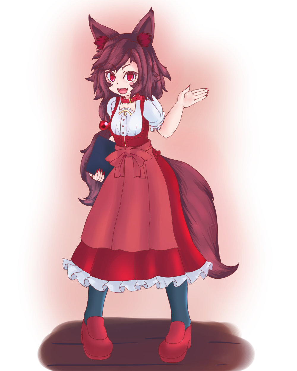 :d alternate_costume alternate_hairstyle animal_ears brown_hair commentary_request dress fang frilled_dress frills full_body haruirokomici highres imaizumi_kagerou long_hair open_mouth puffy_short_sleeves puffy_sleeves red_eyes short_sleeves smile tail touhou waitress wolf_ears wolf_tail