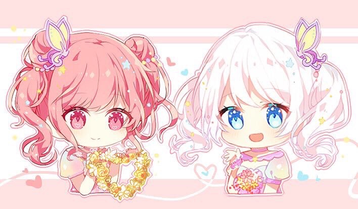 :d alternate_hairstyle bang_dream! bangs blue_eyes bouquet butterfly_hair_ornament chibi cropped_torso double_bun flower hair_ornament hand_up heart holding jpeg_artifacts maruyama_aya multiple_girls open_mouth pink_eyes pink_hair short_sleeves smile taya_5323203 twintails upper_body wakamiya_eve white_hair wreath
