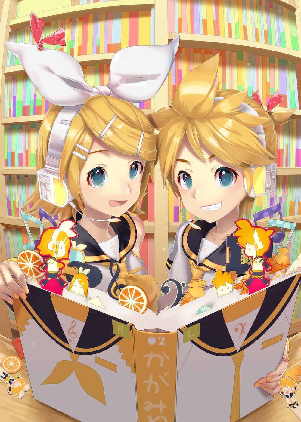 &gt;_&lt; &gt;_o 1girl :d aqua_eyes bass_clef blonde_hair book book_focus bookmark bookshelf bow brother_and_sister chibi food fruit grin hair_bow hair_ornament hairclip headphones headset highres holding holding_book kagamine_len kagamine_rin multicolored multicolored_background musical_note nail_polish necktie one_eye_closed open_book open_mouth orange orange_slice pop-up_book rin_no_youchuu sailor_collar sawashi_(ur-sawasi) short_hair siblings smile treble_clef twins vocaloid xd yellow_nails yellow_neckwear