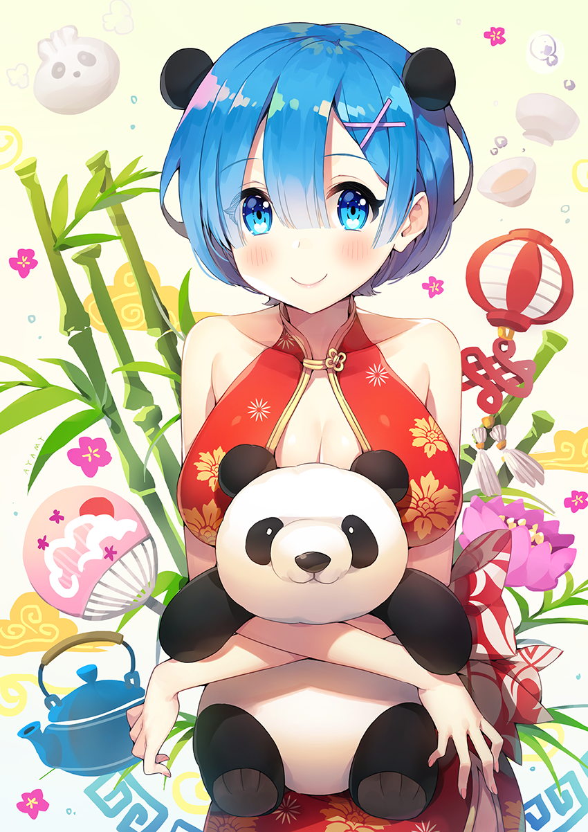 alternate_costume ayamy bare_shoulders blue_hair blush breasts china_dress chinese_clothes cleavage_cutout double_bun dress eyebrows_visible_through_hair floral_print hair_between_eyes hair_ornament highres large_breasts looking_at_viewer object_hug pelvic_curtain re:zero_kara_hajimeru_isekai_seikatsu red_dress rem_(re:zero) short_hair side_slit sleeveless smile solo stuffed_animal stuffed_panda stuffed_toy x_hair_ornament