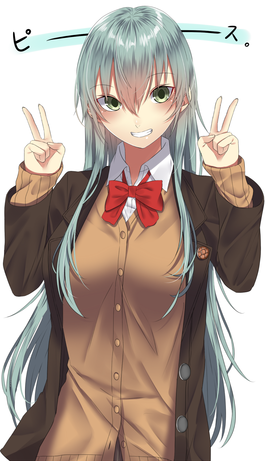 aqua_hair blazer blush bow bowtie breasts brown_jacket buttons cardigan collared_shirt commentary_request double_v green_eyes grin hair_between_eyes highres jacket kantai_collection large_breasts long_hair long_sleeves looking_at_viewer onineko-chan open_clothes open_jacket red_neckwear remodel_(kantai_collection) school_uniform shirt simple_background smile solo straight_hair suzuya_(kantai_collection) upper_body v white_background white_shirt