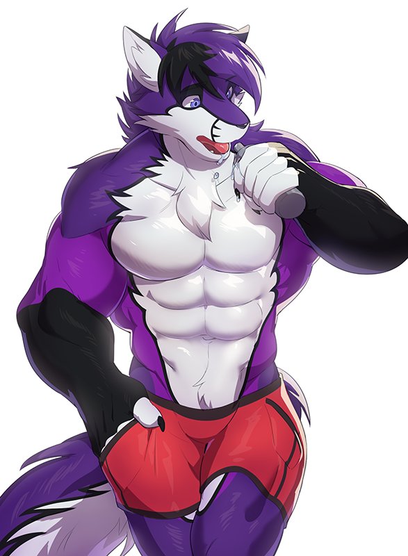 2018 abs anthro biceps black_hair black_nose canine clothing fox fur hair hybrid male mammal muscular muscular_male pecs purple_fur purple_hair shorts shyloc solo velk white_fur wolf