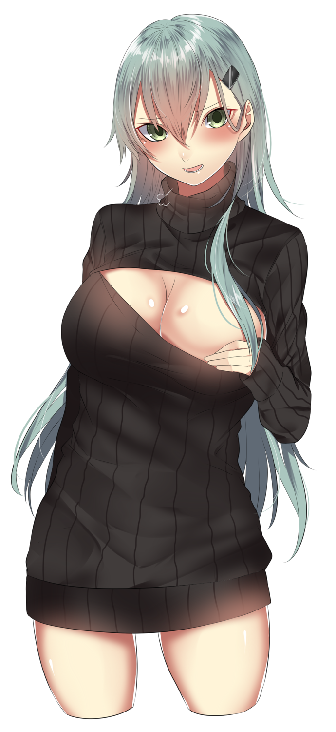 alternate_costume bangs black_dress black_sweater blush breasts cleavage clothes_pull cowboy_shot cropped_legs dress eyebrows eyebrows_visible_through_hair green_eyes green_hair hair_between_eyes hair_ornament hairclip highres kantai_collection large_breasts legs_apart long_hair long_sleeves looking_at_viewer meme_attire onineko-chan open-chest_sweater open_mouth ribbed_sweater shiny shiny_skin sidelocks sigh simple_background sleeves_past_wrists solo suzuya_(kantai_collection) sweater sweater_dress sweater_pull teeth turtleneck turtleneck_sweater white_background