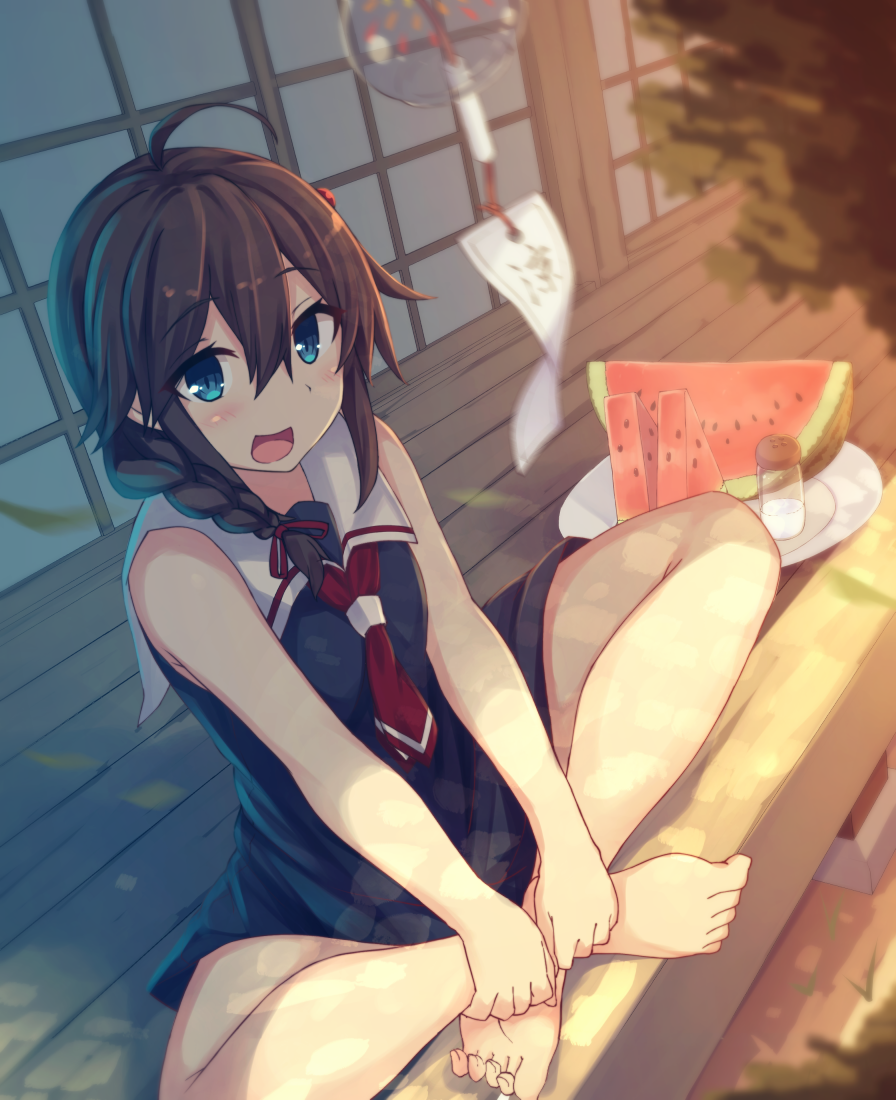 :d adapted_costume ahoge bare_shoulders black_dress blurry blurry_background blush braid brown_hair commentary_request crossed_ankles day depth_of_field dress food fruit hair_ornament indian_style kantai_collection long_hair looking_at_viewer neckerchief open_mouth outdoors plate porch red_neckwear remodel_(kantai_collection) sailor_collar sailor_dress salt_shaker shade shigure_(kantai_collection) shinopoko side_braid sitting sleeveless sleeveless_dress smile solo toe_scrunch toenails veranda watermelon white_sailor_collar wind_chime