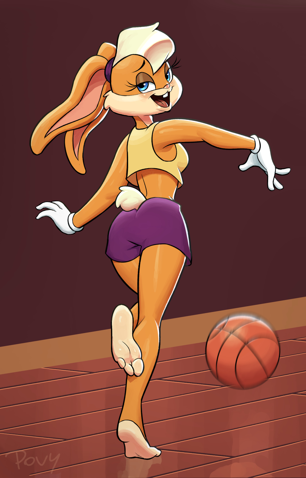 3_toes ball basketball blonde_hair blue_eyes blush buckteeth clothing female gloves hair lagomorph lola_bunny looking_at_viewer looney_tunes mammal open_mouth povy rabbit reflection signature simple_background solo teeth toes warner_brothers