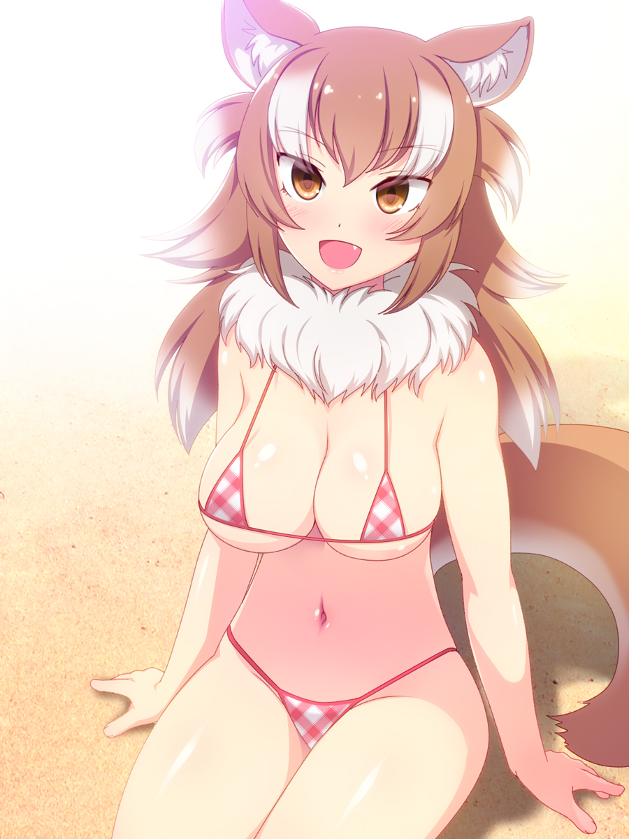 :d animal_ears beach bikini blush breasts brown_eyes brown_hair commentary eyebrows_visible_through_hair fang highres japanese_wolf_(kemono_friends) kemono_friends large_breasts legs_together long_hair looking_at_viewer multicolored_hair navel open_mouth pink_bikini sand sitting smile solo streaked_hair swimsuit tail totokichi wolf_ears wolf_tail