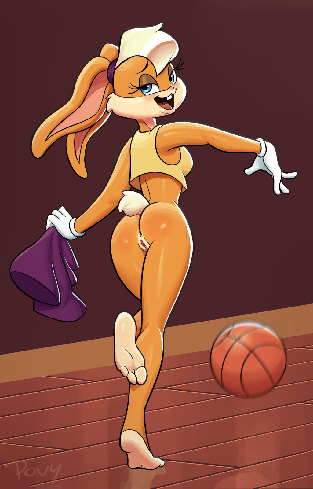 3_toes anus ball basketball blonde_hair blue_eyes blush bottomless buckteeth butt clothed clothing edit female gloves hair lagomorph lola_bunny looking_at_viewer looney_tunes mammal open_mouth povy presenting presenting_pussy pussy rabbit reflection signature simple_background solo teeth toes warner_brothers