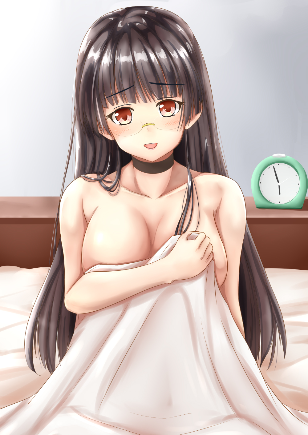 :d bed black_hair blush breasts choker choukai_(kantai_collection) cleavage clock collarbone commentary_request covering covering_breasts glasses head_tilt highres kantai_collection koru_pera large_breasts long_hair looking_at_viewer naked_sheet open_mouth red_eyes rimless_eyewear smile solo