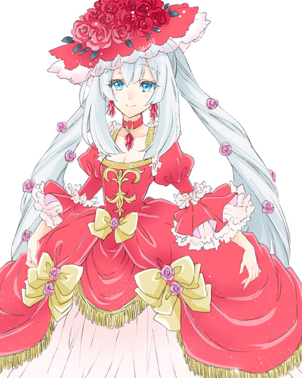 blue_eyes bow choker closed_mouth dress dress_bow fate/grand_order fate_(series) flower frills fringe_trim hair_flower hair_ornament hat hat_flower juliet_sleeves long_hair long_sleeves looking_at_viewer marie_antoinette_(fate/grand_order) pink_flower pink_rose puffy_sleeves red_dress red_flower red_hat red_neckwear red_rose rose shino-o simple_background smile solo twintails white_background white_hair yellow_bow