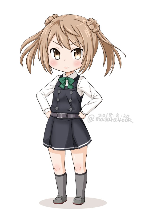 belt brown_eyes dated double_bun dress full_body grey_legwear hair_bun hands_on_hips kantai_collection kneehighs light_brown_hair looking_at_viewer masara_(masalucky2010) michishio_(kantai_collection) pinafore_dress remodel_(kantai_collection) shirt short_twintails simple_background smile solo standing twintails twitter_username white_background white_shirt